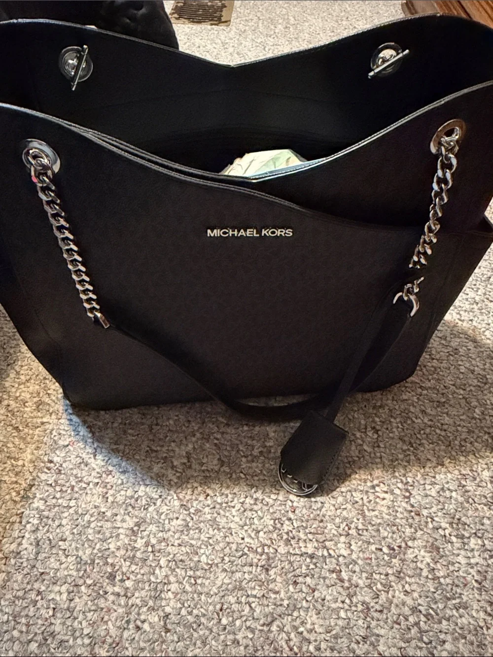 Michael Kors Black Logo Chain-Accent Shoulder Tote